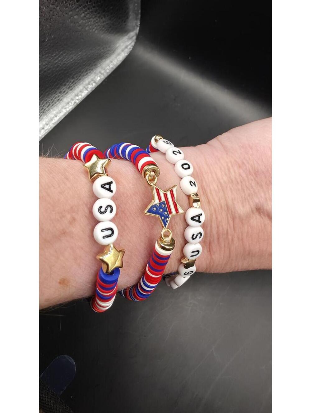 Patriotic Red White Blue Beaded Bracelet Stack with USA Letter Beads